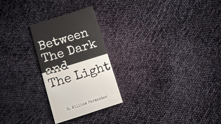 The book title Between The Dark and The Light sits on a dark, violet blanket.